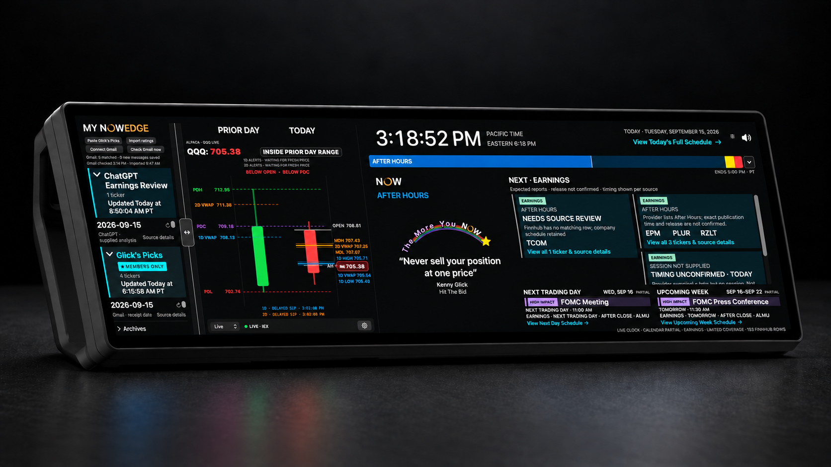 Generated NOWEDGE product visualization with the Build 28 display on an ultrawide screen at the desk.