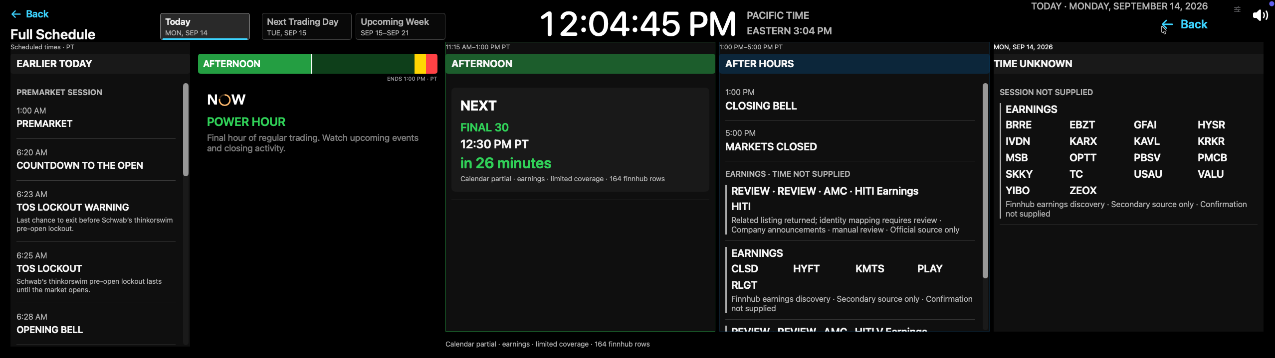 Expanded Full Schedule with earlier events, afternoon, after hours and a Time Unknown column.