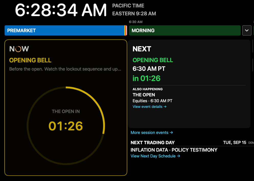 Premarket NOW and NEXT cards both showing one minute and 26 seconds until the opening bell.