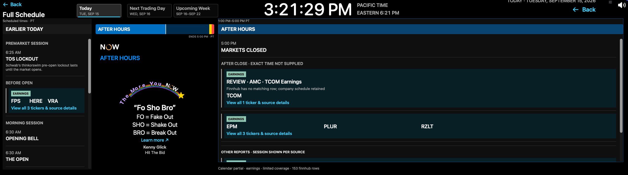 After Hours Full Schedule with TCOM source-review context and EPM, PLUR and RZLT earnings.