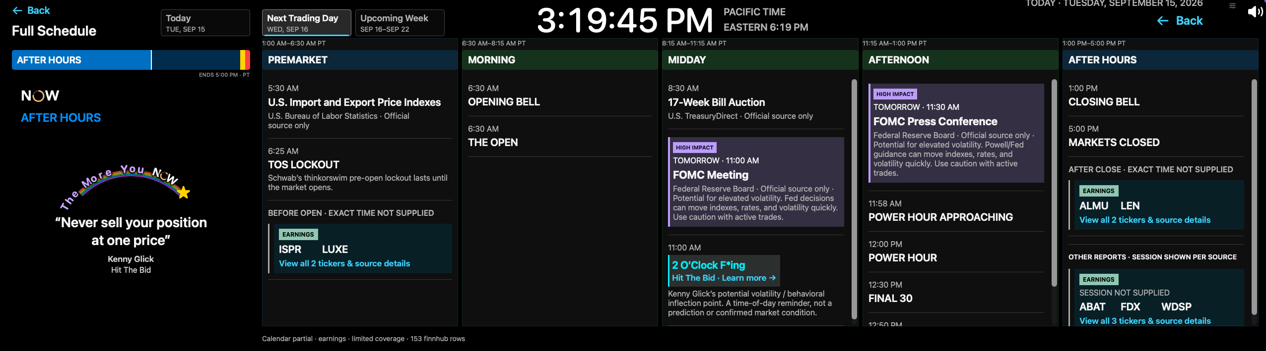 Build 28 Full Schedule expanded view for Wednesday September 16: purple FOMC highlights, economic releases and session-grouped earnings