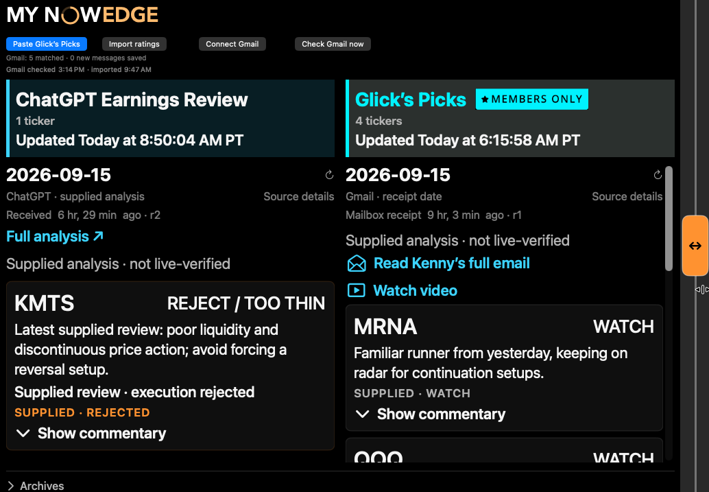 Build 28 expanded EDGE showing ChatGPT Earnings Review and Glick’s Picks side by side.
