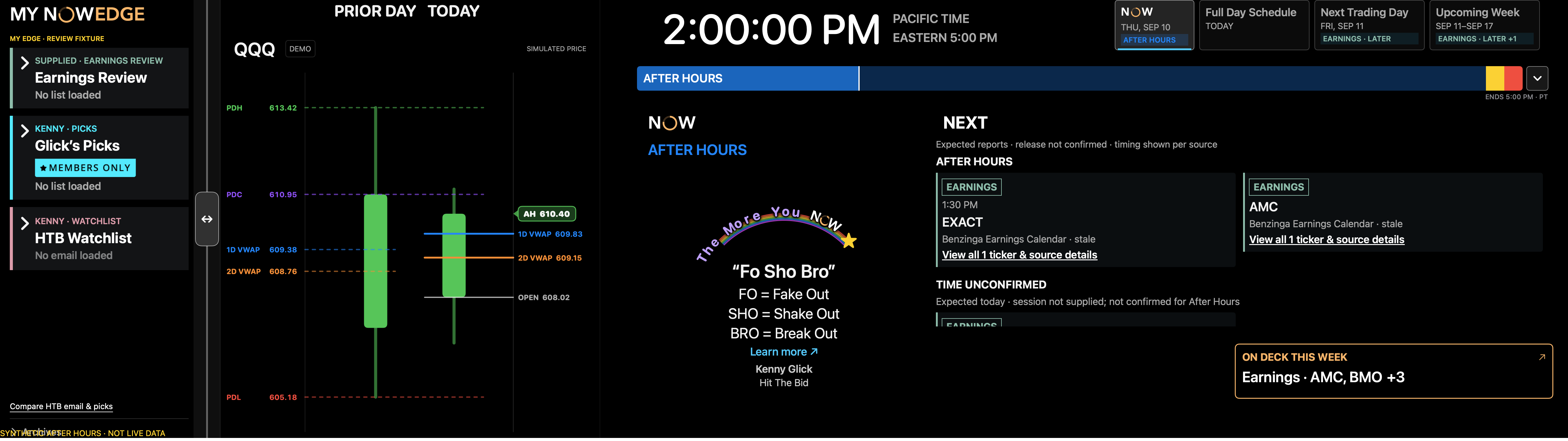 Zoomed view of NOWEDGE After Hours and Next panels, showing expected earnings, unconfirmed timing, and the On Deck summary using synthetic review data.