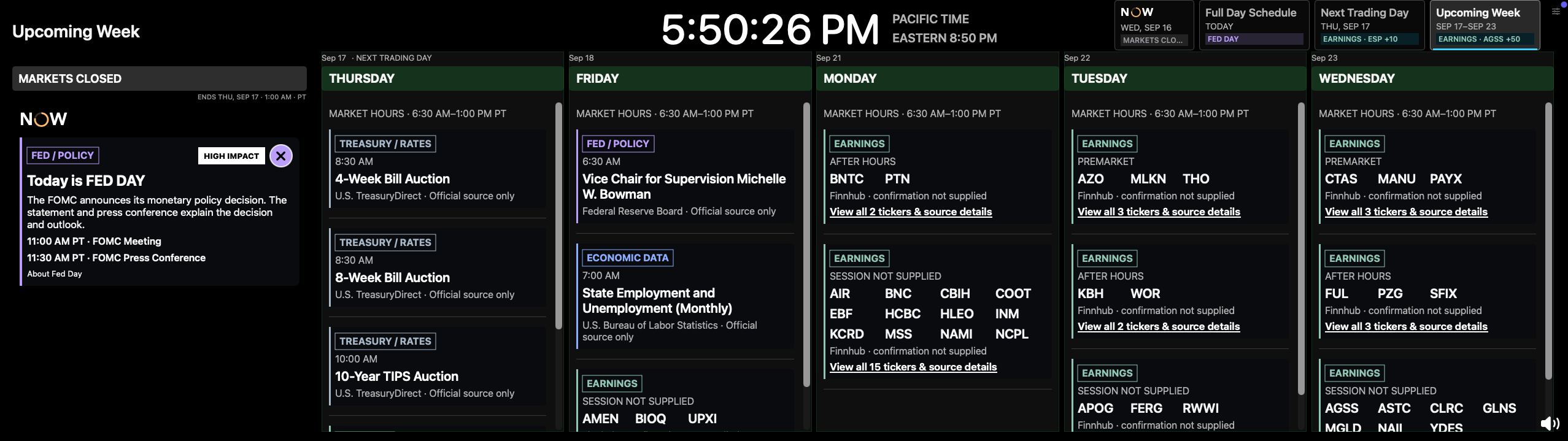 September 16 Upcoming Week capture showing revised navigation, outlined event categories, high-impact Fed notice and source-qualified earnings